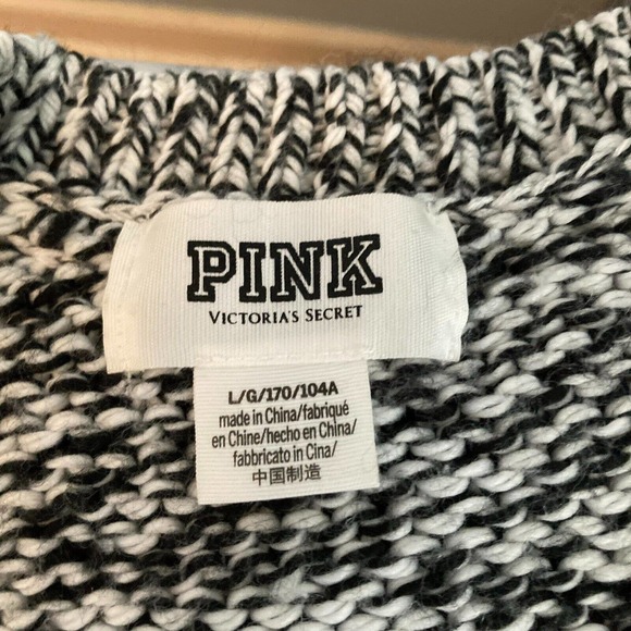 PINK Victorias Secret Sweater Womens Sz L Black White‎ Chunky Knit V Neck Loose - Picture 5 of 9